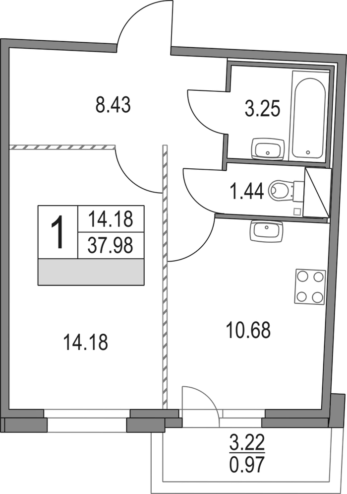 1-комнатная квартира 37.98 м², 13/16 эт., ЖК «Приморский квартал»